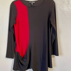 Sun Kim XS Black Red Colorblock Asym Drape Long Sleeve Tunic Top Modrn Chic Wear